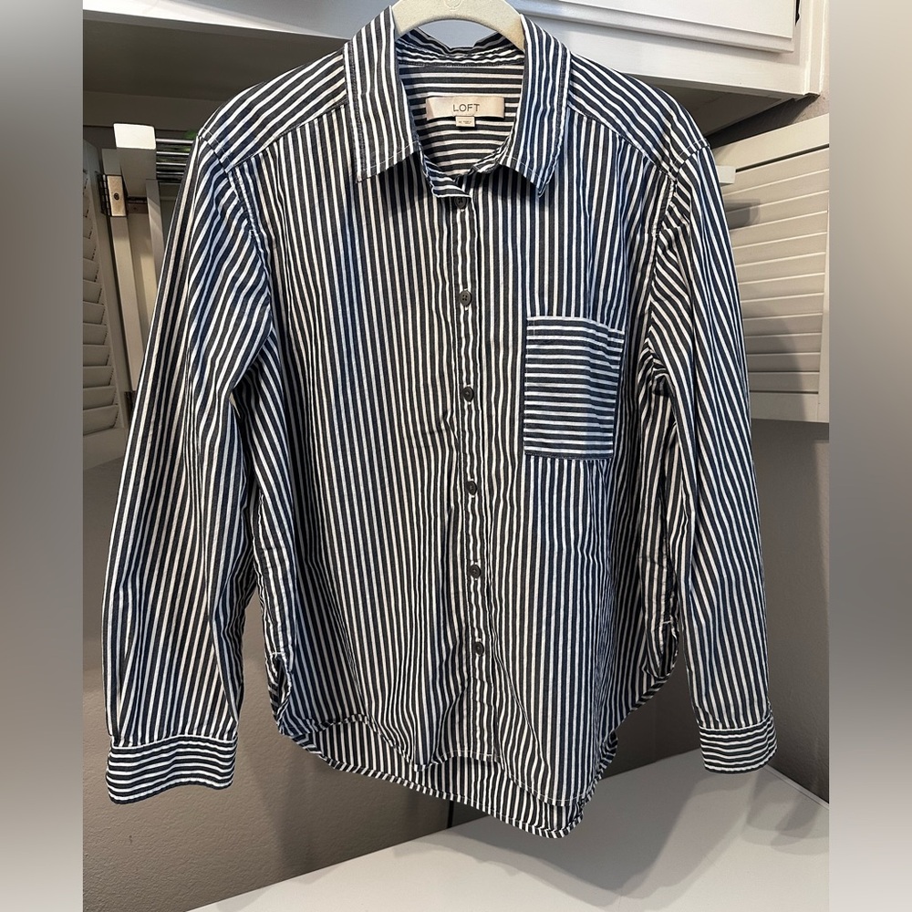 LOFT Navy and White Striped button down Shirt